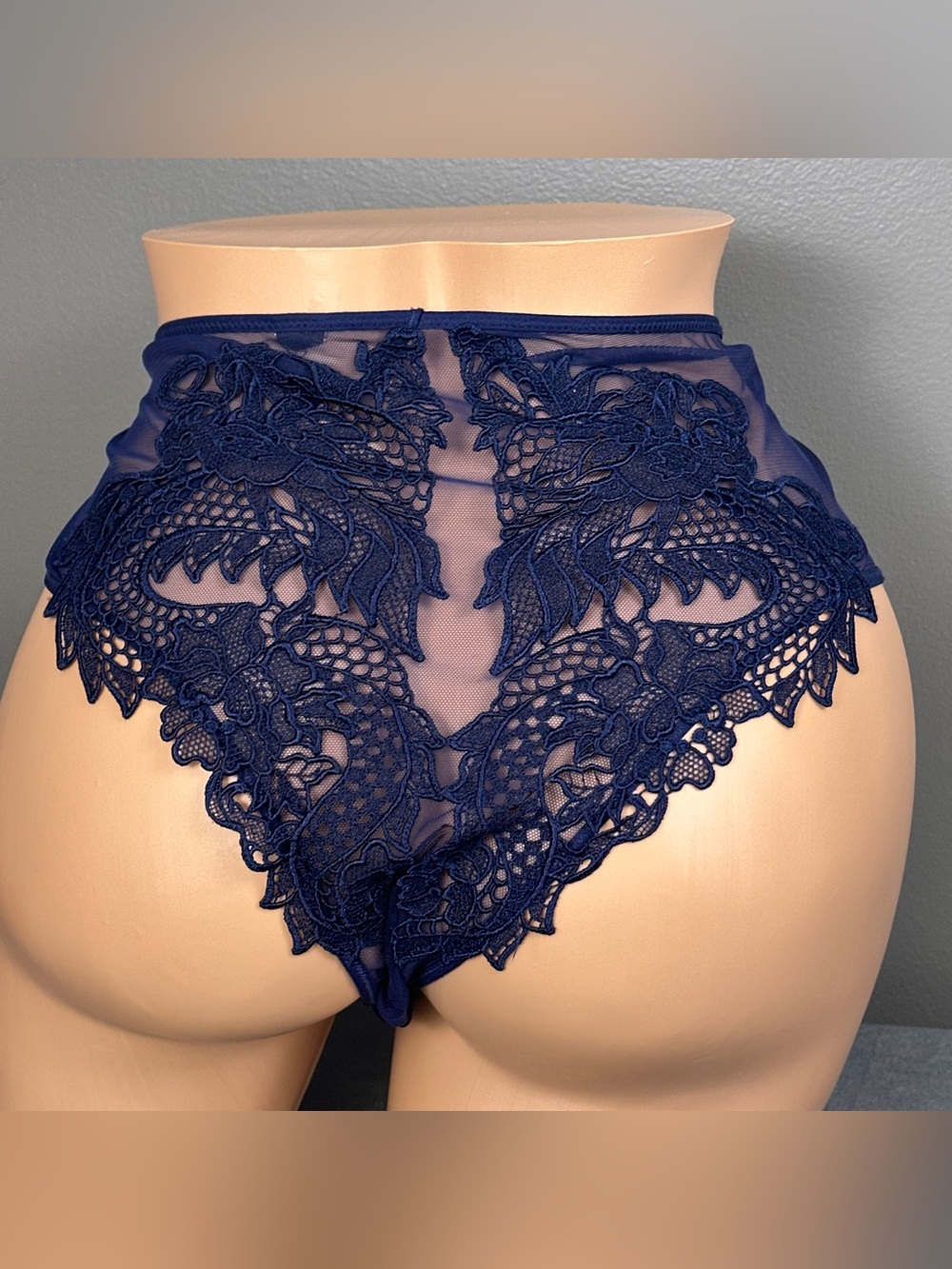 Victoria’s Secret high waist panties size XL? Dark blue dragon satin mesh panty